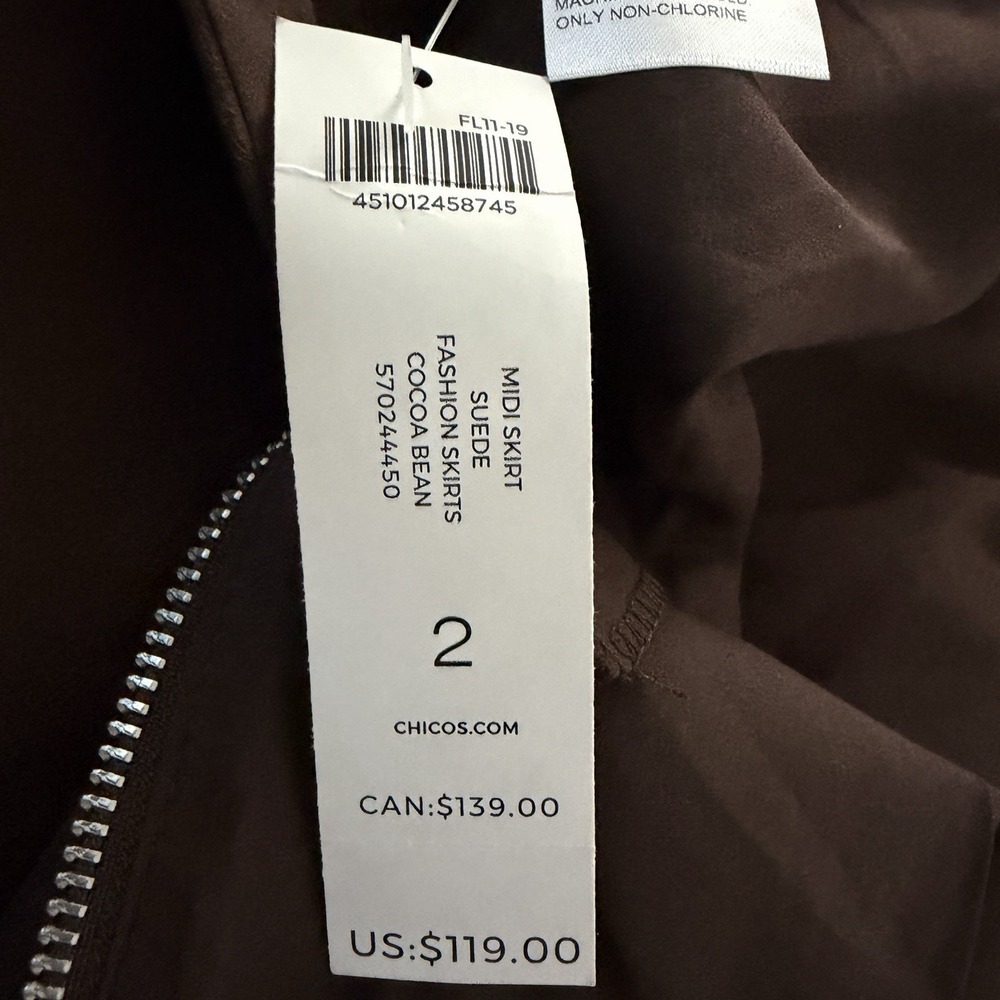 Chico's Faux Suede Midi Skirt Womens 2 Chocolate Brown Back Zip Lined Minimalist - Picture 12 of 12
